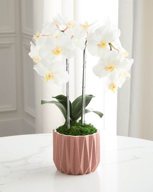 Double Orchid 20" Faux Floral Arrangement in Geometric Container